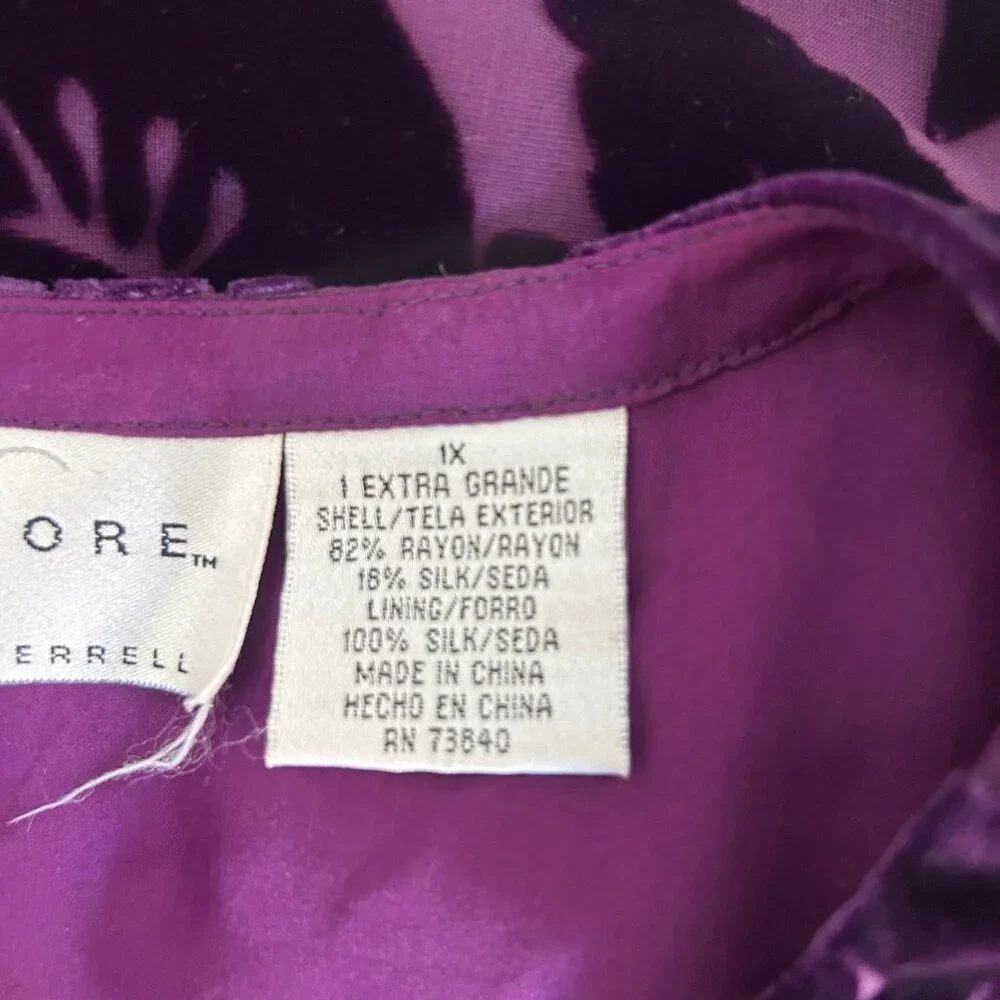 Silk Lore Beth Terrell Purple Velvet Burnout Floral Tunic Top Size 1X - Picture 3 of 7